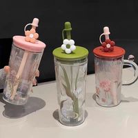 Gelas Tumbler Kaca Borosilikat Tinggi Dekoratif dengan Tutup Berbentuk Bunga, Desain Tanaman Transparan, 450ml, Modern, Dapat Digunakan Kembali, Ramah Lingkungan