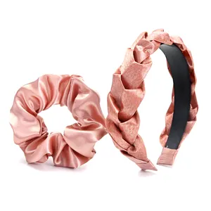 2 Pcs/set Popular Design Solid Color Fashionable Girly Style Satin Braid Rubber Band Set Hairbands For Women Daily Hair Hoop