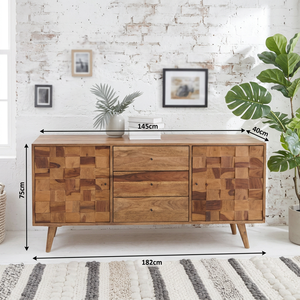 Commode en teck massif de style mid-century modern avec 3 tiroirs et design patchwork pour le rangement dans le salon - Product Image 3
