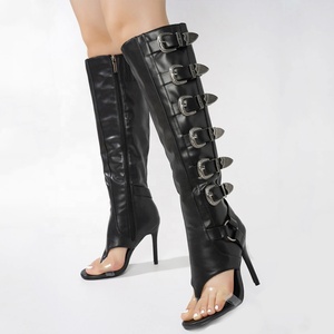 Bottes hautes d'été pour femmes à boucles de ceinture, talons fins, bout pointu, style punk sexy, imprimé vache, chaussures habillées - Product Image 3