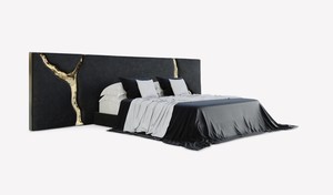 Cabecera de Cama Tapizada en Terciopelo Negro de Lujo Personalizada, Cama Plataforma Ancha con Detalle de Hoja de Oro Agrietada para Recámara Principal - Product Image 6