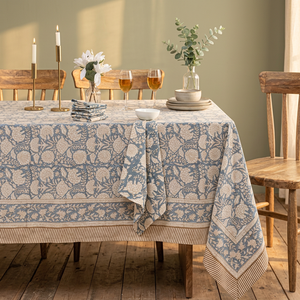 Indian Handmade Simple Floral Cotton <b>Square</b> Floor Length <b>Tablecloth</b> Blue Block Print Washable & Eco-Friendly - Product Image 2