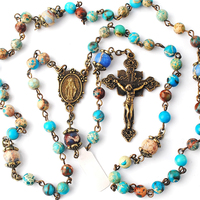 Chapelet catholique de perles en pierre précieuse, 6mm, rose, vierge marie, jaspe bleu, chapelet avec Crucifix plaqué Anti-Bronze