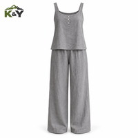 Ensemble 2026 style doux et uni, débardeur sans col boutonné et pantalon long, coupe ample, frais et confortable, toutes saisons, pour femme