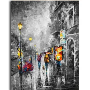 Paraguas de estilo moderno paisaje de calle paisaje urbano paleta de arte de pared oscura cuchillo pintura al óleo