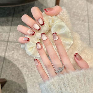 <span class=keywords><strong>Uñas</strong></span> Postizas Francesas Vintage Color <span class=keywords><strong>Vino</strong></span> Tinto, <span class=keywords><strong>Uñas</strong></span> Postizas Rojas Brillantes Hechas a Mano para Otoño Invierno, Blanqueamiento de Piel - Product Image 6