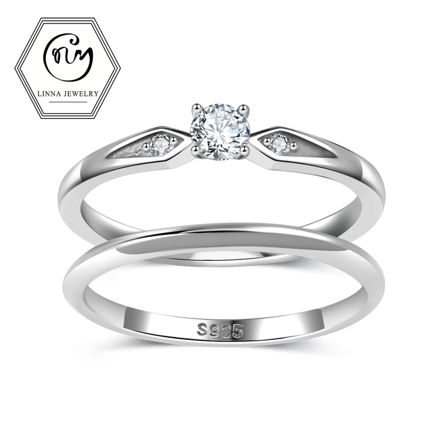 2pcs 0.23 CTW S925 Silver Rhodium Plated Three Stone Pave Setting Moissanite Couple Ring Set Classic Solitaire Bridal Wedding