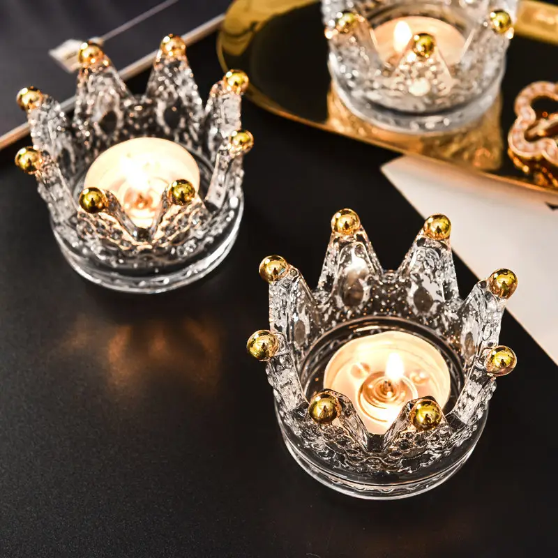 Plato de almacenamiento de anillo y collar de lujo, candelabro con relieve de cristal, corona, pintura dorada, decoración artesanal, adornos pequeños