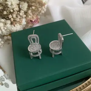 QIUHAN OEM Hot Sale Zirconia Silver Cubic Armchair Shape Miniature Chair Earrings