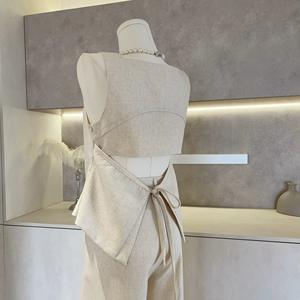 Set di <span class=keywords><strong>lino</strong></span> da <span class=keywords><strong>donna</strong></span> senza maniche Crop Top di alta qualità con lacci <span class=keywords><strong>larghi</strong></span> <span class=keywords><strong>pantaloni</strong></span> due pezzi - Product Image 4