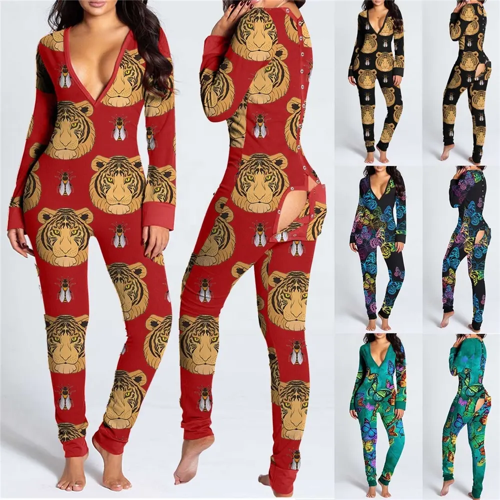 2024OEM Custom Sleepwear women Christmas Adult Onesie Homewear for Women with Butt Flap Women's Pajama Onesie Bodysuits Jumpsuit