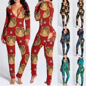 2024oem Custom Nachtkleding Dames Kerst Volwassen Onesie Homewear Voor Dames Met Butt Flap Dames Pyjama Onesie Bodysuits Jumpsuit
