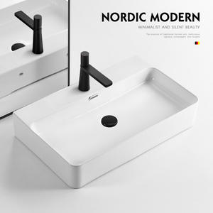 Lavabo Cuadrado de Cerámica para Encimera, de Una Pieza, con Montaje de Grifo de un Solo Orificio, Acabado Liso Pulverizado, para Baño - Product Image 3