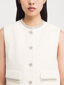 Conjunto de 2 Piezas para Mujer, Chaleco Corto con Cuello Redondo y Estampado de Espiga, Falda Corta con Vuelo, Bolsillo con Botones Decorativos - Product Image 2