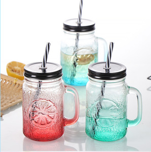 Empty <strong>Lemon</strong> Embossed 16oz Glass Mason <strong>Jar</strong> with Handle for Summer Juice Ice Cream Dessert - Product Image 3
