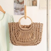 Tas Jerami Kertas Anyaman Tangan Berkualitas Tinggi, Model Berongga, Tas Pantai Liburan Musim Panas, Tas Tangan Semi-lingkaran Gaya Boho untuk Perjalanan Sehari-hari