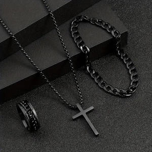 Conjunto de Joyería de Moda Hip Hop: Pulsera de Cadena Negra, Anillo y Collar con Colgante de Cruz Metálica para Mujeres y Hombres, Regalo para Fiestas - Product Image 2
