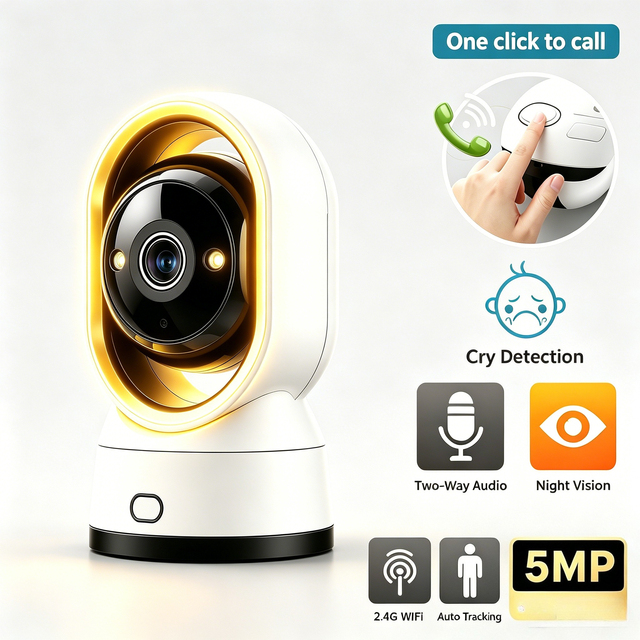 5MP WiFi Baby Monitor Indoor 360 Pan-Tilt Two-Way Video Call Crying Detection Night Vision Motion Detection P2P Baby Security
