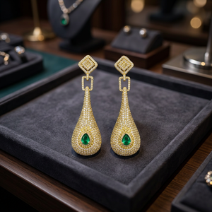 18KT Yellow Gold Natural <b>Diamond</b> <b>Dangle</b> <b>Earrings</b> with Emerald Stone Women's Wedding Jewelry Statement Piece - Product Image 3