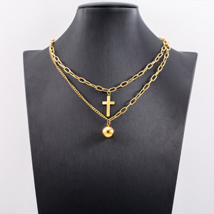 European American Style Gold Plated Titanium Steel Double Layer <b>Cross</b> Necklace Unisex Short Multi Layer Clavicle <b>Chain</b> - Product Image 4