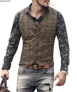 Gilet de style punk à carreaux pour hommes, veste de costume, marron, noir, veste de Steampunk, rayée en Tweed, col en v, Slim Fit, vêtements de mariage