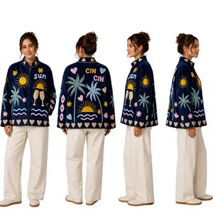Chaqueta de Terciopelo Tejida y Transpirable para Mujer, Estilo Vacaciones de Verano, Talla Única, Corte Holgado, Diseño Floral con Palmeras - Product Image 1