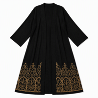 Abaya noire tricotée sur mesure pour femme, broderie dorée, devant ouvert, manches longues, robe kaftan musulmane, tenue modeste du Moyen-Orient, fabrication usine