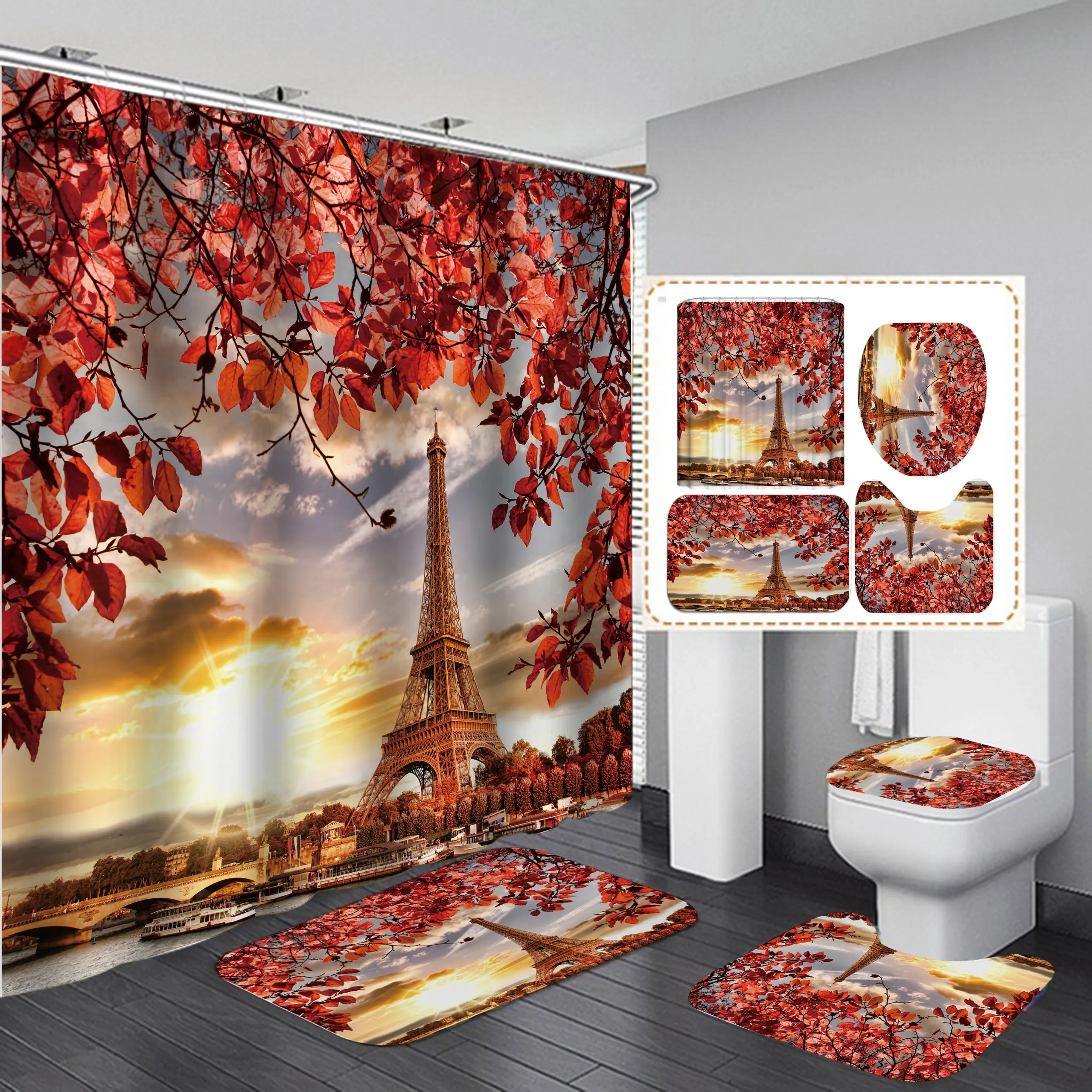 2021 Wholesale Full of love romantic 3D Eiffel tower printing bathtub shower curtain