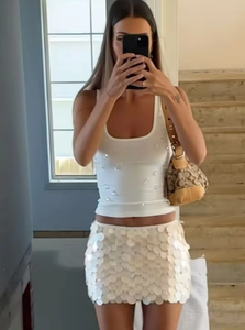 Ensemble 2 pièces sexy été 2026 pour femme : débardeur et mini-<span class=keywords><strong>jupe</strong></span> à sequins, haut perlé fait main <span class=keywords><strong>DIY</strong></span>, tenue de plage ajustée sur mesure - Product Image 2