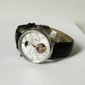 Luxury Men's Stainless Steel <b>Automatic</b> Mechanical Watch With Tourbillon Moon Phase Week Calendar Leather Strap 42mm Round Dial - Product Image 5