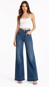 Jean en denim délavé foncé taille haute, coupe ample, jambe large, longueur intégrale, style décontracté, en tissu de coton respirant - Product Image 1