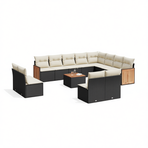 Ensemble de canapés de jardin noir et crème en rotin, mobilier d'extérieur 10 places, résistant aux intempéries, design contemporain, bois de teck - Product Image 1