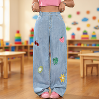 Plus Size High Waist 300GSM Zuiver Katoen Ademend Gewassen Wijde Pijpen Dames Jeans, Bloemen & Fruit Borduurwerk Losse Casual Veelzijdige