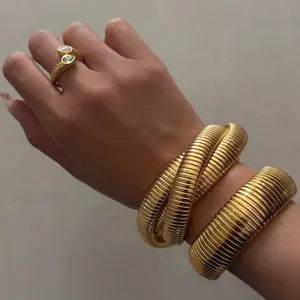 Stainless Steel Jewelry 18k Gold Plated Stretchable Double Snake Bangles Hip Hop Non Tarnish Gold Three Snake Gypsy Bracelet Men