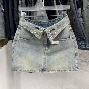 <span class=keywords><strong>Jupe</strong></span> vintage <span class=keywords><strong>taille</strong></span> <span class=keywords><strong>haute</strong></span> coupe trapèze avec strass et broderie lettres, style streetwear Y2K, mini-<span class=keywords><strong>jupe</strong></span> <span class=keywords><strong>en</strong></span> <span class=keywords><strong>jean</strong></span> délavé pour femme - Product Image 1
