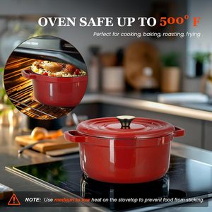 Cocotte en fonte émaillée rouge avec couvercle, compatible four jusqu'à 500°F, compatible induction et gaz - Product Image 1