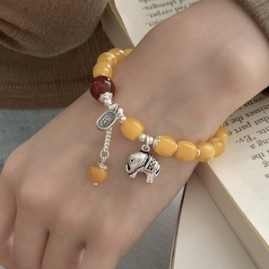 S925 Sterling Silver <b>Elephant</b> Amber Bracelet For Women Chinese Style <b>Gift</b> Jewelry - Product Image 1