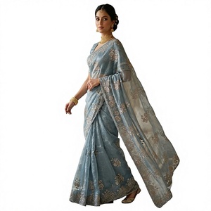 Telas SAREES: Material de satén Fandy puro con bordado de cuentas en la palu, con lentejuelas y borde con trabajo de corte. - Product Image 1