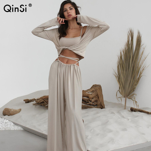 QINSI 2024 Mulheres Casa Roupas Combinando Set Top Colheita de Manga Longa 3 Peças Pijamas Set para As Mulheres Suave Outerwear Pijamas - Product Image 1