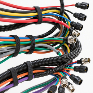 Harnais de câblage industriel personnalisé, assemblage de câbles électriques multiconducteurs avec connecteurs circulaires étanches et gaine tressée - Product Image 1