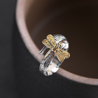 Bague élégante vintage en plumes avec libellule dorée, style thaïlandais distinctif en argent, pour femme
