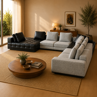 Canapé modulaire en forme de L moderne et écologique avec chaise longue en cuir véritable, sièges en tissu gris garnis d'éponge pour appartement et hôtel