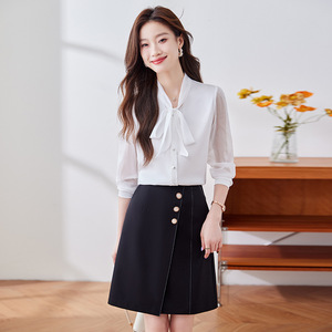 Women's <b>White</b> Chiffon Blouse With Bow Tie Long Sleeve Office Shirt Solid Color Polyester Fabric Irregular Design YZH6585 - Product Image 1