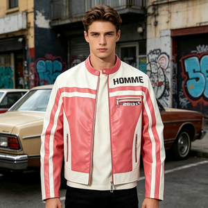 Custom Retro Cropped <strong>pink</strong> and White Faux Leather Racing <strong>Jacket</strong> Streetwear Retro Motorsport Color Block <strong>Biker</strong> <strong>Jacket</strong> for Men - Product Image 2