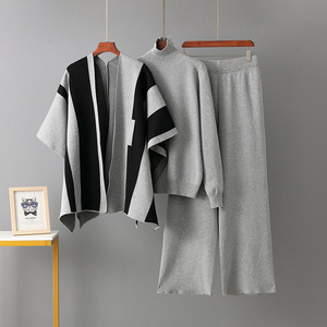 Vente en gros pour boutiques Automne 2026 Nouvelle collection tendance Pull tricoté français à col châle et pantalon ample à jambes larges à motif géométrique - Product Image 4