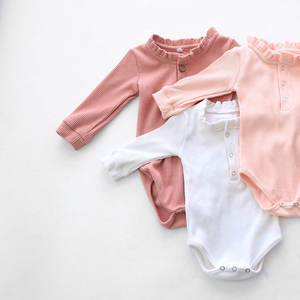 단색 유기농 골지 면 아기 Onesies 긴 소매 스냅 버튼 폐쇄 신생아 장난 꾸러기 일반 아기 성장-도매 - Product Image 3