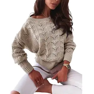 Long Sleeve Side Slit Tunic Tops Crew Neck Pullover Hollow Out Sweater