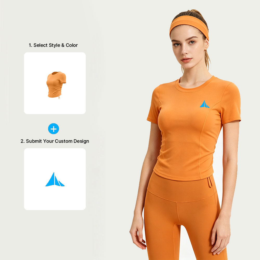 AMCLEVER Women's Breathable Gym Top 220gsm Spandex/Polyester Short Sleeve Crew Neck Skinny Fit Custom Print Packaging for Yoga