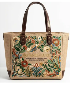 Sac en jute bohème réutilisable avec pompons en macramé tissé et motif brodé pour les marques de mode et de style de vie - Product Image 1