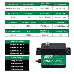 Servo Digital Metálico PTK 8842 de 32 kg de Alto Torque para Vehículos RC, Servo de Alta Velocidad para Drones de Ala Fija - Product Image 2